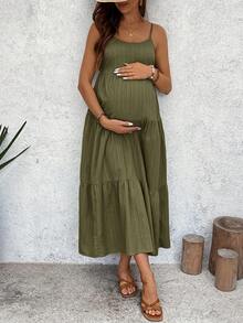 SHEIN Maternity Fashionable Versatile Casual Strap Dress, Minimalist Daily Wear - Army Green - View 2