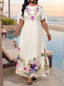 SHEIN Lady Elegantes Blume Muster Kleid mit Schlitz und Twist-Ärmeln für Damen in Große Größen, locker für den Urlaub - Pink - Übersicht 7
