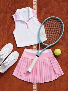 CourtClass 两件套女士夏季撞色滚边露脐背心和百褶迷你裙网球服 - 彩色 - 查看 1