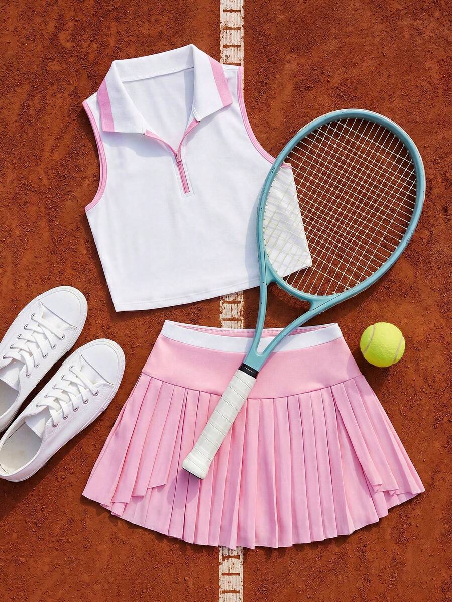 CourtClass 两件套女士夏季撞色滚边露脐背心和百褶迷你裙网球服 - 彩色 - 查看 1