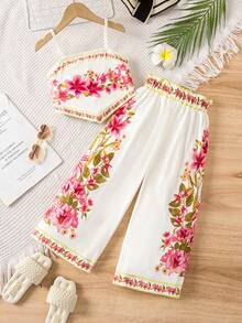Travachic KIDS 2pcs Young Girl Ditsy Floral Camisole Top And Loose Casual Pants Set - Pink - View 6