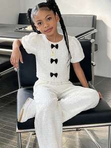 Tween Girls Casual Fashionable Round Neck Bubble Sleeve Top And Pants Set - Multicolor - View 2