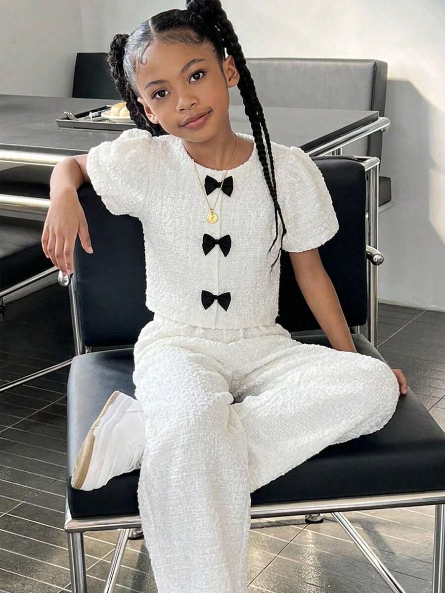 Tween Girls Casual Fashionable Round Neck Bubble Sleeve Top And Pants Set