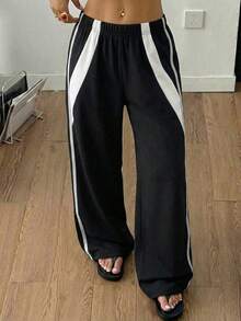 SHEIN 女童黑色街头风休闲拼接裤，百搭运动裤 - 黑色 - 查看 4