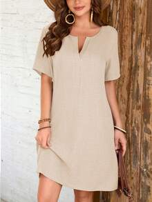 EMERY ROSE Casual Vacation Comfortable Short Sleeve Epaulet Decor Button Front Dress, Suitable For Women In Spring/Summer Vacation Beige - Apricot - View 5