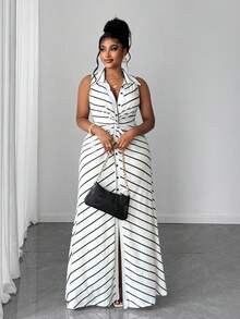 SHEIN Tall CURVE Plus Size Women Casual Striped Knit Twist Design Sleeveless Dress - Multicolor - View 3