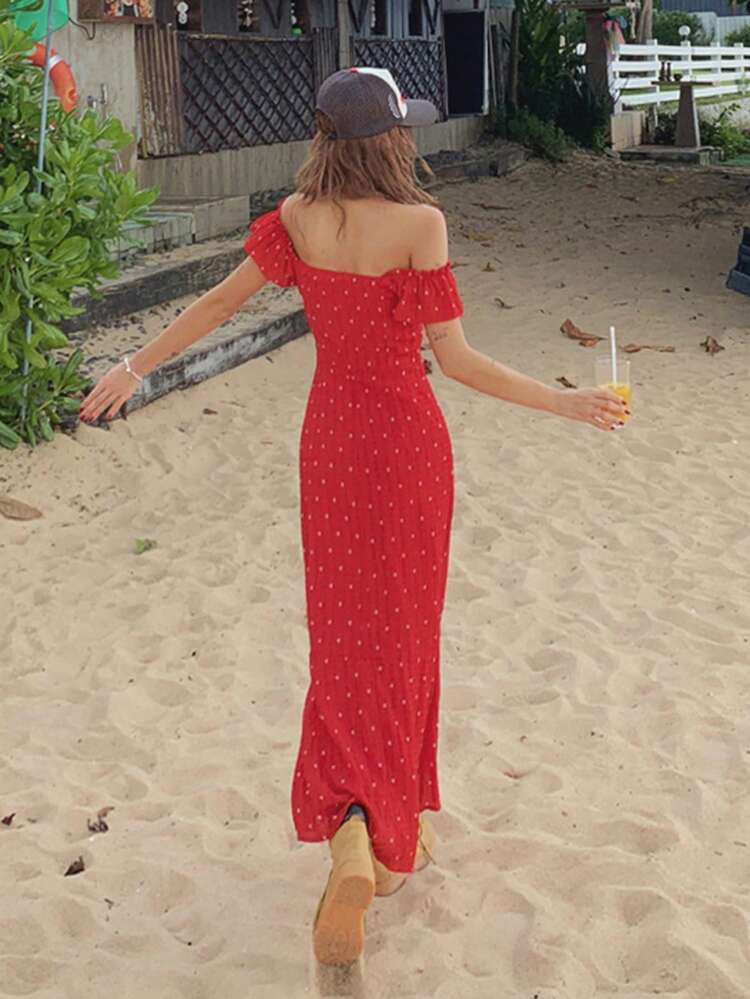 Women's Polka Dot Ruffle Hem Elegant Waist Dress
