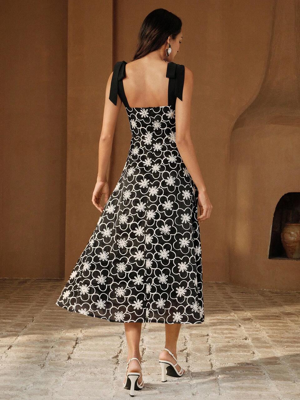 Women's Elegant Floral Pattern Mid-Length Dress, Summer