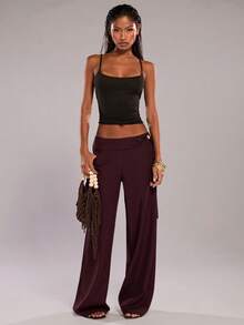 SHEIN BAE Quần ống rộng màu nâu, kiểu dáng thoải mái, đính hạt cườm, thích hợp cho kỳ nghỉ, đi làm, đi chơi, mùa hè. - Màu Tím - Xem 3