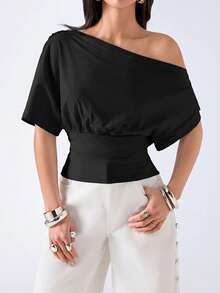 LYSMO Women's Solid Color Asymmetric Collar Lace Patchwork Short Sleeve T-Shirt - Black - View 2