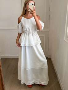 DAZY Women's Elegant Solid Color Lace Patchwork Cold-Shoulder Top And Skirt 2-Piece Set, Summer - White - View 3