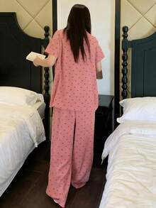 Dazy Plus Heart Print Turndown Collar Loose Pajama Set, Includes Top And Pants - Coral Pink - View 3