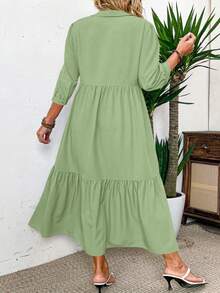 EMERY ROSE Vestido casual simple con botones, manga media y fruncido en la parte delantera, de unicolor y longitud media, para mujeres de talla grande, atuendo maxi para el Día de Acción de Gracias - Verde - Ver 2
