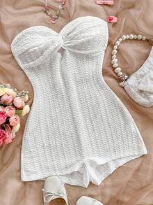 SHEIN PETITE CURVE 大码夏季休闲纯色前扭结纹理抹胸连体裤 - 彩色 - 查看 3