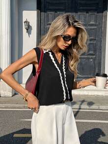 Pariaura Women's Color Block Single-Breasted Casual Sexy Versatile Daily Wear Shirt Golf White Summer - Black - View 3