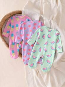 Bộ đồ ngủ 3 món cho bé sơ sinh, cổ tròn, tay dài, kiểu áo liền quần, phù hợp mọi mùa, màu xanh bạc hà, tím, hồng, nhiều màu sắc, in hình quả anh đào và trái cây, đồ ngủ mặc nhà hàng ngày, chất liệu mềm mại, nhẹ, thoải mái, thân thiện với da, chất lượng cao, kiểu dáng thời trang, dễ thương, thoáng khí, bộ đồ ngủ đa năng thiết yếu cho trẻ sơ sinh, bé trai và bé gái, quần áo mặc nhà ấm cúng. - Nhiều màu - Xem 2