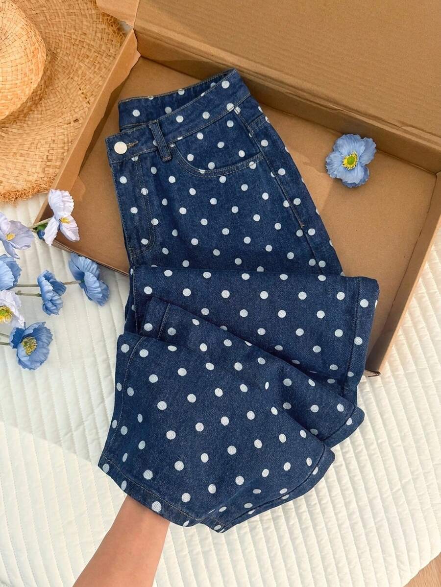 Comfortcana Denim Casuais Soltos com Estampa de Bolinhas Femininos - Lavagem escura - Visão 1