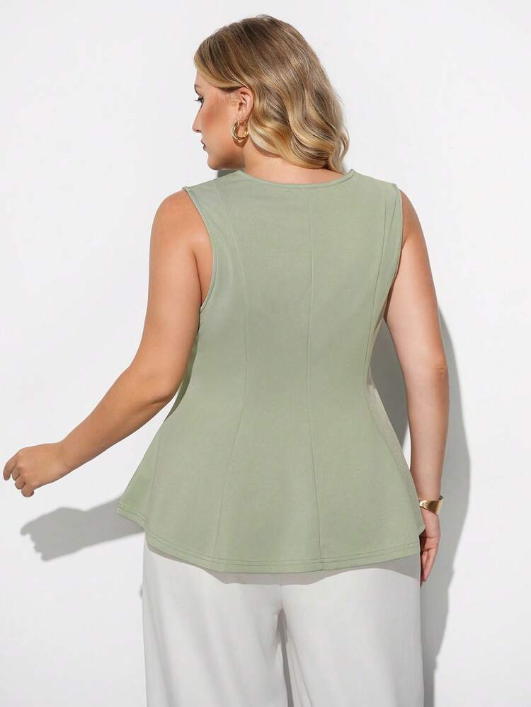 SHEIN Maija Plus Size Women's Autumn And Winter New Women's Elegant Round Neck Sleeveless Ruffle Hem High-End Black Top Autumn And Winter Suit Clothing Wide Shoulder Lapel Front Center Simple And Fashionable Commuting Office Clothing Women's Going Out Suit Fashion, Versatile; Comfortable, Stylish, Elegant, Casual, , Simple Daily Wear, Essential, Solid Color, Holiday Casual, Decent, Single Lady, Elegant Fashion Business Casual Woman Going Out Tops Christmas Halloween Mexican African