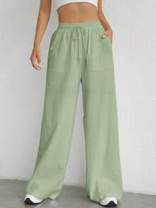 SHEIN EZwear 女士休闲度假通勤薄荷绿编织抽绳腰斜插口袋宽松阔腿裤 - 薄荷綠 - 查看 3