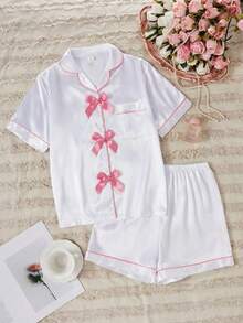 SHEIN 经典翻领纯色口袋刺绣休闲舒适两件套短裤家居服，适合青少年女孩 - 白色 - 查看 1