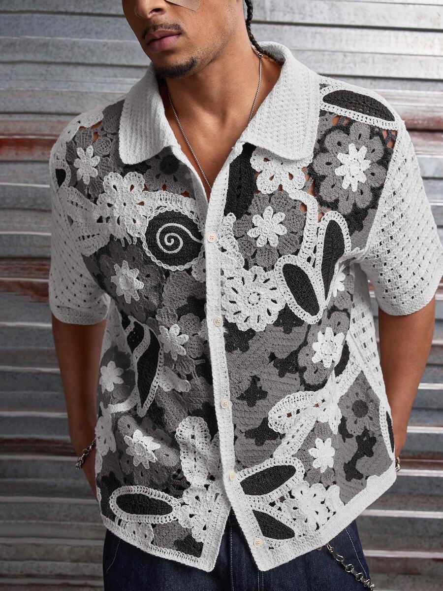 AXEPEAK Men's Summer Beach Vacation Floral Pattern Open Knit Short Sleeve Sweater - Multicolor - View 1