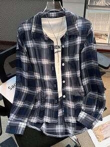 Resyla 大码格子印花纽扣前开襟休闲长袖衬衫 - 藍色 - 查看 6