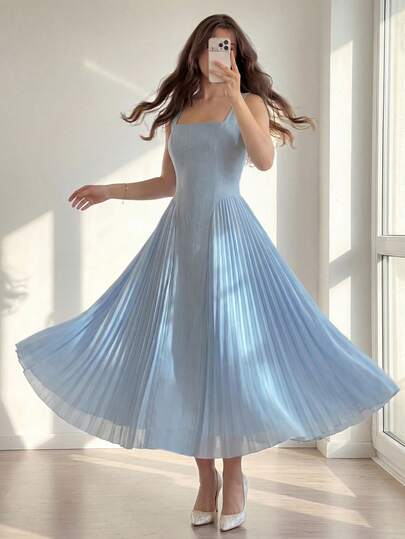 Modelyn Women's Spring/Summer Blue Woven Patchwork Chiffon Contrast Color Sleeveless Bow Tie Waist A-Line Pleated Elegant Dress Light Blue Square Neck Pleated Midi Dress Back Bow Detail Sleeveless A-Line Dress Lightweight Crinkled Chiffon Fabric Square Neckline With Wide Straps Full Pleated A-Line Midi Skirt Spring Outdoor Garden Party Romantic Sunset Date Night Resort Countryside Vacation Wear Coastal Summer Holiday Wear  Summer Soft Feminine Vintage Vibe Soft Light Blue Base Summer Dresses For Women