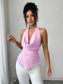 Elenzga Women's 2026 Spring/Summer New Draped Neck Ruched Backless Camisole - Baby Pink - View 6