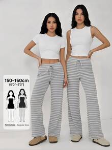 SHEIN PETITE 女士低腰条纹拉绒抽绳瑜伽宽松家居裤 - 灰色 - 查看 9