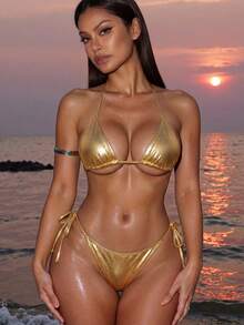Summer Beach Metallic Triangle Tie Side Bikini Set - Gold - View 2