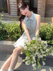 Áo khoác mỏng không tay cổ xếp ly dành cho nữ, kiểu dáng ôm eo, thanh lịch cho mùa hè. - Màu xanh lam - Xem 4