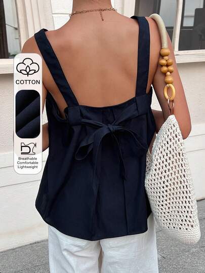 Livesso Spring & Summer Blue Backless Cami Top, Music Festival Sexy Vibe, Valentine's Day Wedding Casual Beach Vacation Bow Tie Strap Minimalist Women Tank Top