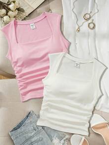 SHEIN Bộ đồ mặc trong gồm áo hai dây không tay cổ tròn, eo nhún, màu đen trắng dành cho thiếu nữ. - Nhiều màu - Xem 5
