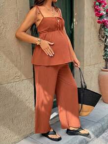 SHEIN Pregnant Women's Solid Color Spaghetti Strap Ruffle Tie-Front 2 Pieces Set, Fashionable For Summer - Orange - View 7