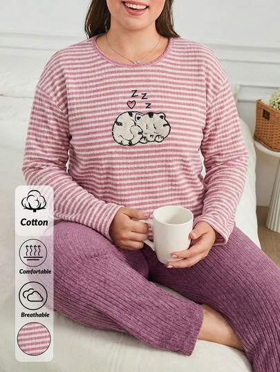 WovenCharm 100% Cotton 2Pcs Plus Size Colour  Striped Long Sleeve Shirt And Long Bottoms PJ Set