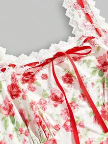 Sweetness Đầm ngắn dáng chữ A thắt eo bằng ren hoa ngọt ngào mùa xuân/hè, phong cách đồng quê nghỉ dưỡng. - Đỏ - Xem 3