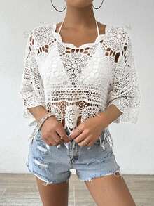 SHEIN Swim Cubrecuerpo tejido con abertura y bajo con flecos, ideal para vacaciones y tiempo libre en verano - Blanco - Ver 4