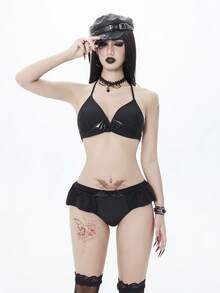 ROMWE Goth Women's Solid Color Minimalist Daily Swimsuit Set - Black - View 5