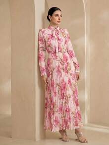Graceveil Ruffled Tie Neck Pleat Patchwork Floral Print Dress Fall Cloth For Women - Pink - View 5