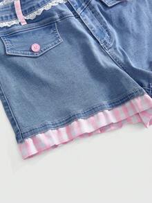 Sweetness Plus Size Casual Kawaii Y2k Colorblock Denim Shorts, Sweet Countryside Design For Spring/Summer Vacation Beach Light Blue - Blue - View 4