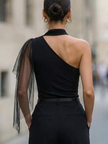 SHEIN Clasi Débardeur femme en mousseline de soie unicolore et ajouré, convient pour le travail, les sorties, les rendez-vous, minimaliste noir - Noir - Voir 2