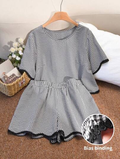 CosyJoli Plus Size Women's Fashion Plaid Embroidered Irregular Hem Short Sleeve Shirt And Casual Shorts Set Blouse For Women Casual Plus Size Bluose For Women Plus Size Blouse Blouse For Women Casual Elegant Latest Tops For Women New Arrivals