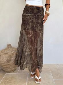 Aloruh 女士时尚波西米亚风佩斯利印花长裙 - 卡其色 - 查看 1