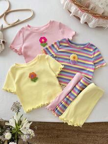 LMoss Kids 6pcs Baby Girl Knitted Solid Striped Round Neck 3D Flower T-Shirt And Shorts Set - Multicolor - View 4