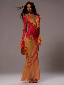 MUSERA 网纱超深V领荷叶袖印花紧身长裙优雅性感夏季春季锐舞节假日度假伊比沙岛派对外出 - 橘色 - 查看 5