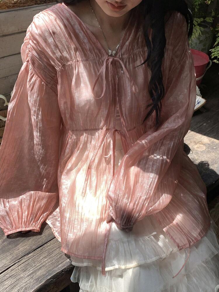 Women's Loose Pleated Tie Front V-Neck Long Sleeve Casual Summer Blouse