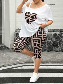 SHEIN CURVE+ 大码女式休闲运动宽松爱心印花两件套，夏季女装，外出套装，两件套裤子，套装，骑行短裤套装，印花女式T恤套装，教师服装 - 彩色 - 查看 5