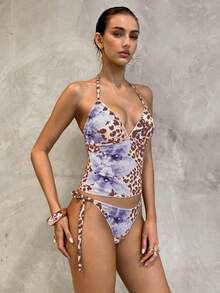 Swim Glamine 2pcs Sweet Floral Print Yellow Plaid Bikini Set, Casual Spring/Summer Beach Party Holiday Outfit - Dusty Purple - View 7