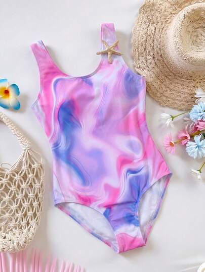 SHEIN Bộ đồ bơi liền thân in họa tiết tie-dye cho bé gái tuổi teen, thích hợp cho kỳ nghỉ biển.