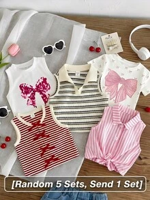 Emery Rose Kids 女童白色背心，饰有粉色蝴蝶结和花卉印花，可爱款式 - 彩色 - 查看 5